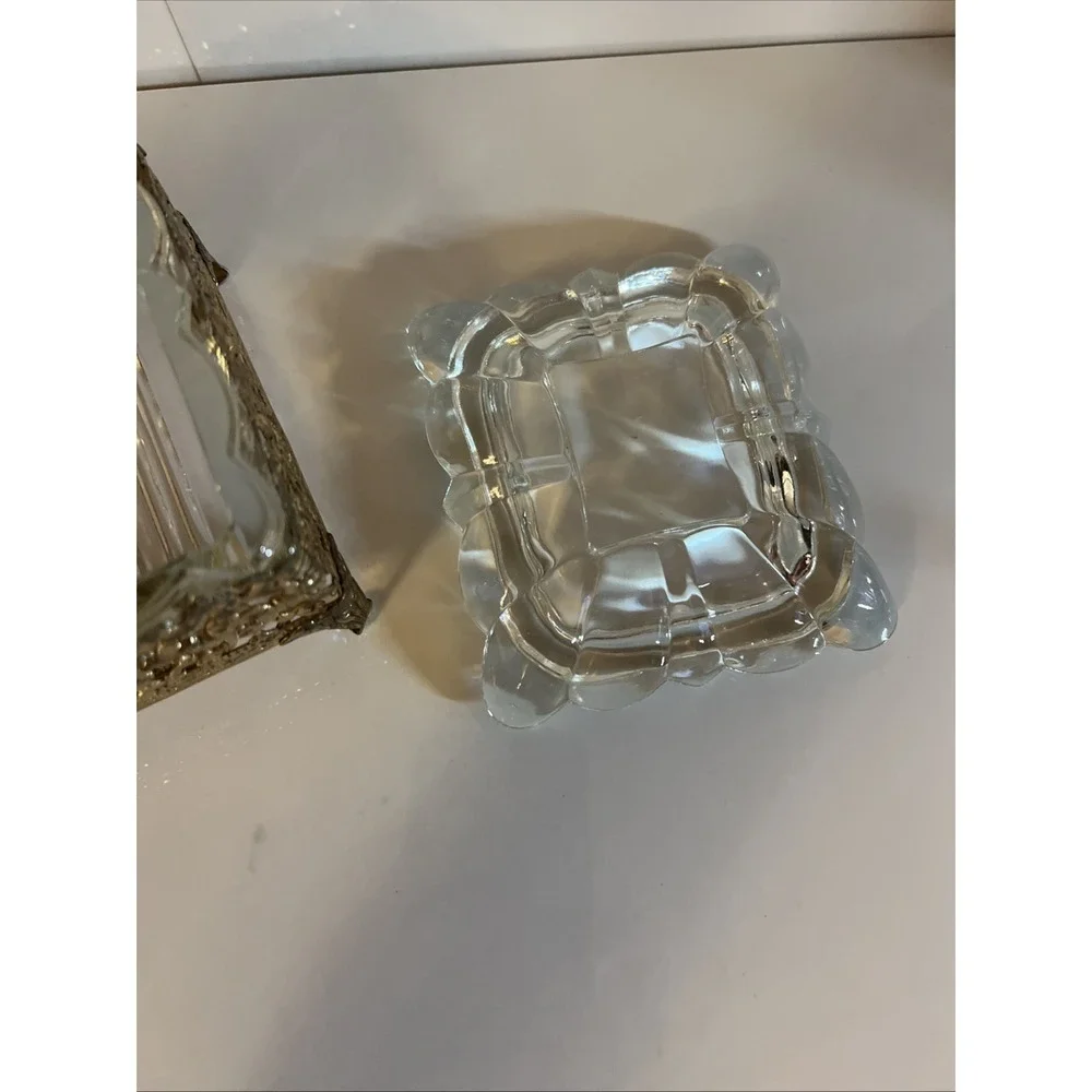 Victorian Style Brass Vanity Trinket Pressed Glass Footed Jewelry Lidded Box